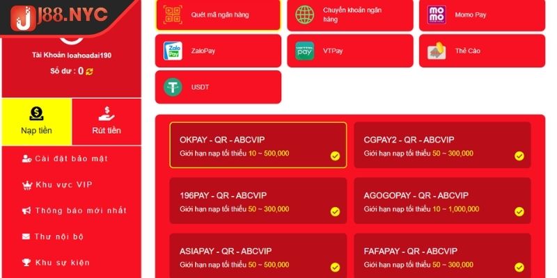 Hướng dẫn nạp và rút tiền J88 chi tiết