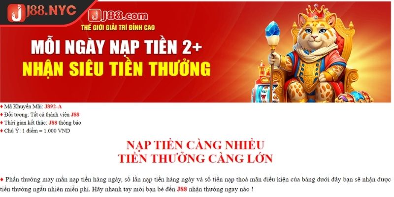 Khuyến mãi J88 nạp lại ưu đãi không ngừng nghỉ